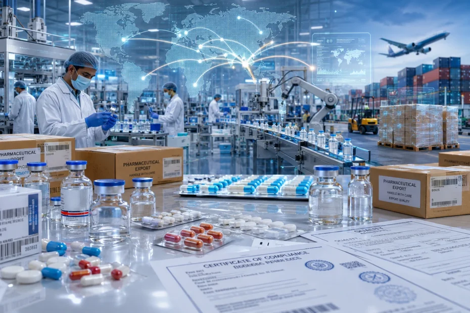 Indian pharmaceutical export industry showcasing medicine packaging, generic drugs, export logistics, and globally trusted pharma manufacturing facilities in 2026.